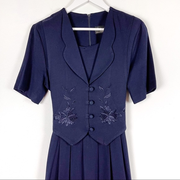 Vintage Navy Midi Dress with Built in Embroidered Vest - Picture 3 of 9